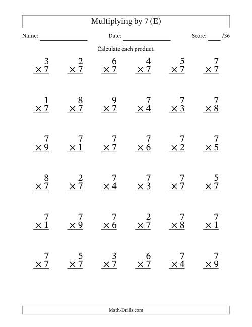 The Multiplying (1 to 9) by 7 (36 Questions) (E) Math Worksheet