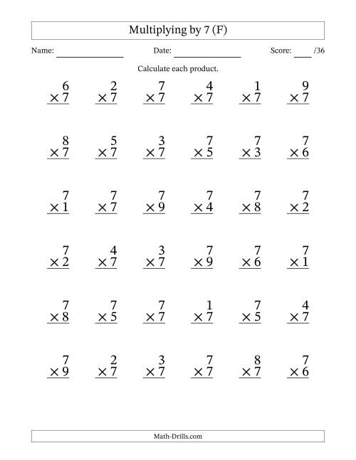 The Multiplying (1 to 9) by 7 (36 Questions) (F) Math Worksheet