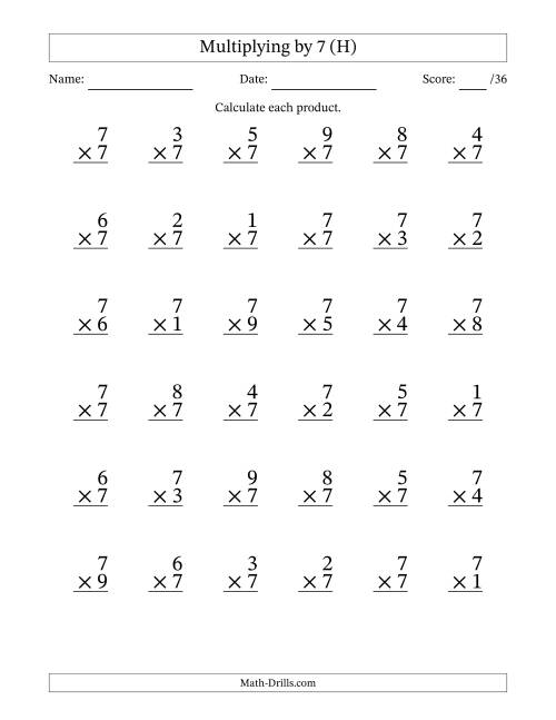 The Multiplying (1 to 9) by 7 (36 Questions) (H) Math Worksheet
