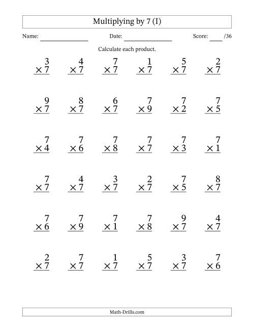 The Multiplying (1 to 9) by 7 (36 Questions) (I) Math Worksheet