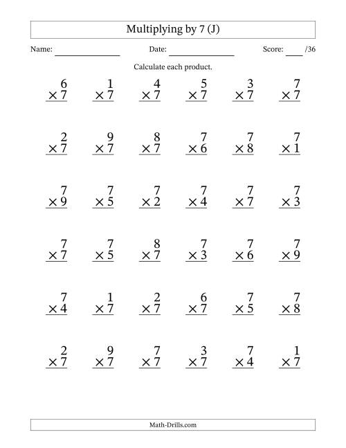 The Multiplying (1 to 9) by 7 (36 Questions) (J) Math Worksheet
