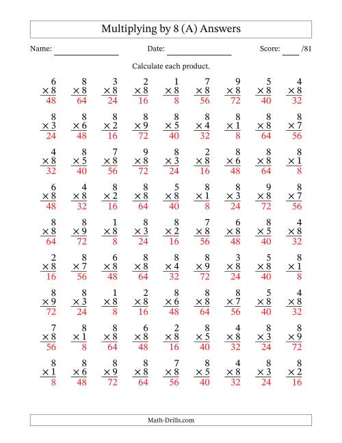 The Multiplying (1 to 9) by 8 (81 Questions) (A) Math Worksheet Page 2