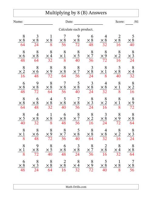 The Multiplying (1 to 9) by 8 (81 Questions) (B) Math Worksheet Page 2