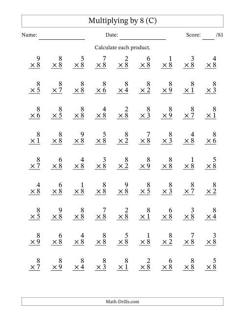 The Multiplying (1 to 9) by 8 (81 Questions) (C) Math Worksheet