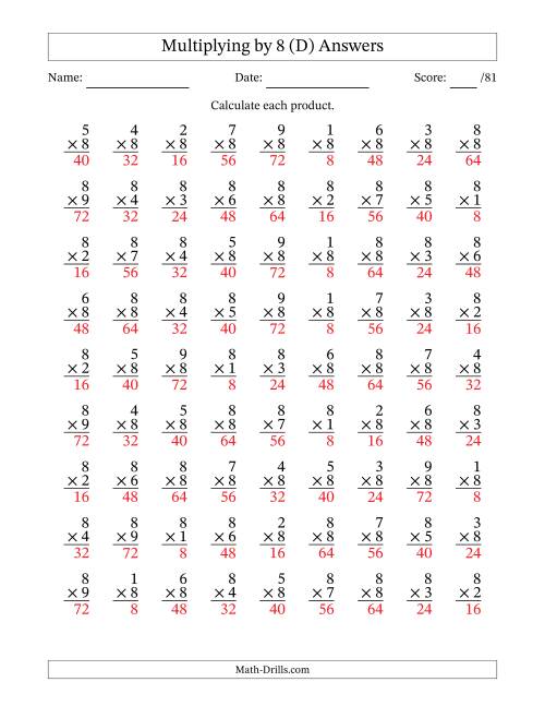 The Multiplying (1 to 9) by 8 (81 Questions) (D) Math Worksheet Page 2