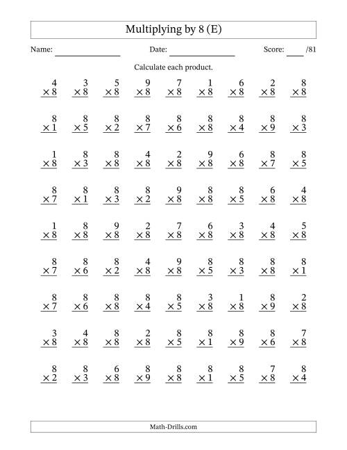 The Multiplying (1 to 9) by 8 (81 Questions) (E) Math Worksheet