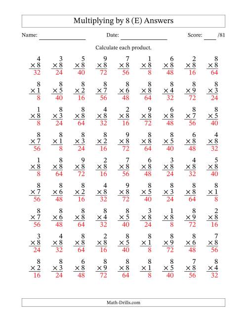The Multiplying (1 to 9) by 8 (81 Questions) (E) Math Worksheet Page 2