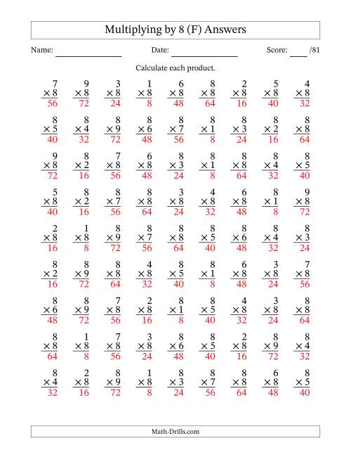 The Multiplying (1 to 9) by 8 (81 Questions) (F) Math Worksheet Page 2