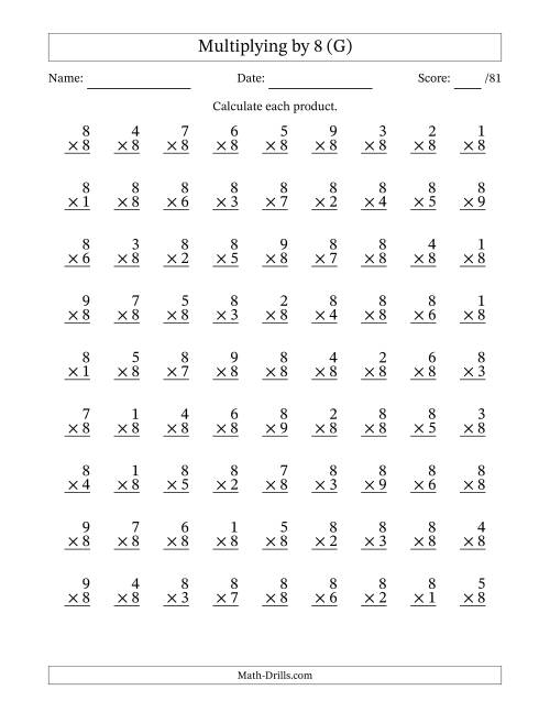 The Multiplying (1 to 9) by 8 (81 Questions) (G) Math Worksheet