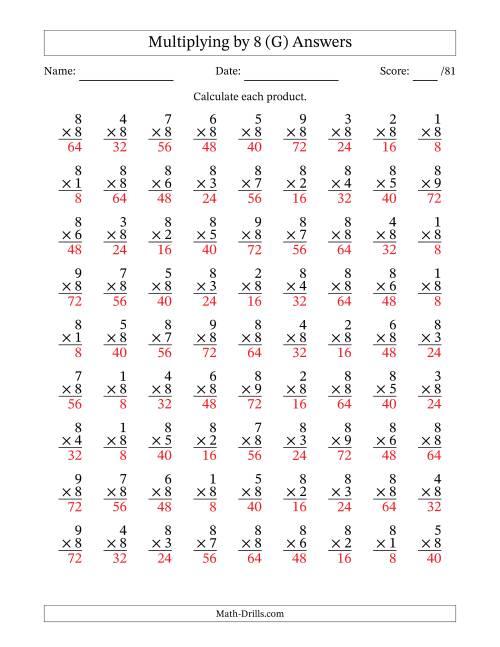 The Multiplying (1 to 9) by 8 (81 Questions) (G) Math Worksheet Page 2