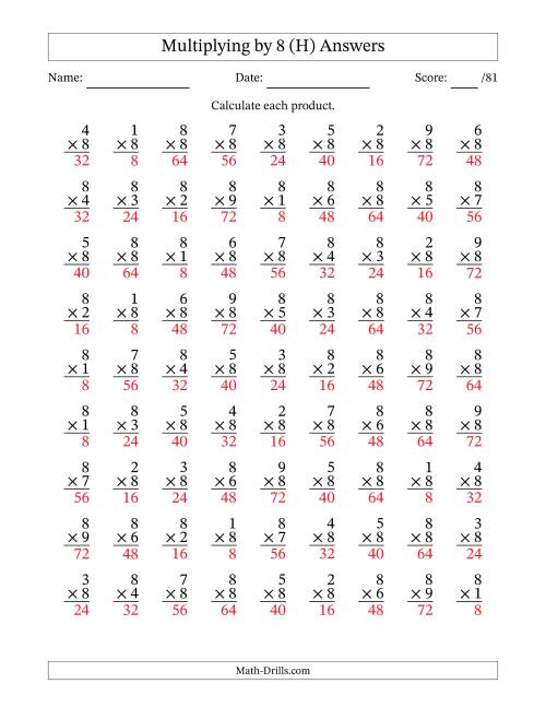 The Multiplying (1 to 9) by 8 (81 Questions) (H) Math Worksheet Page 2