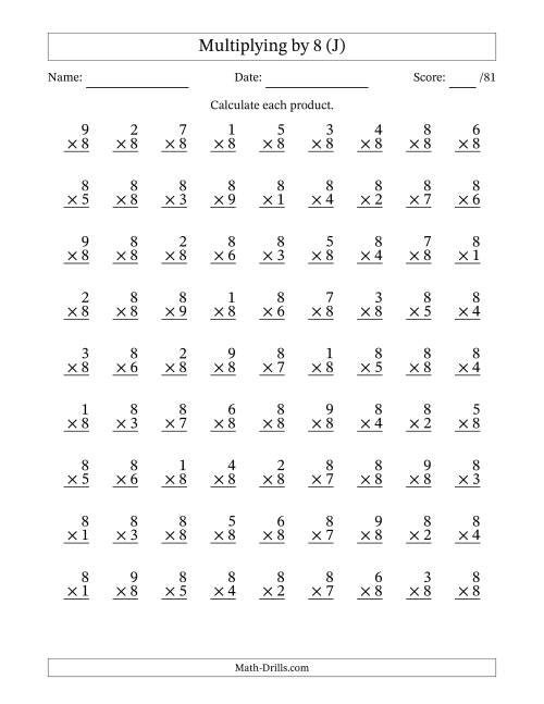 The Multiplying (1 to 9) by 8 (81 Questions) (J) Math Worksheet