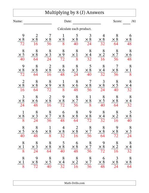 The Multiplying (1 to 9) by 8 (81 Questions) (J) Math Worksheet Page 2