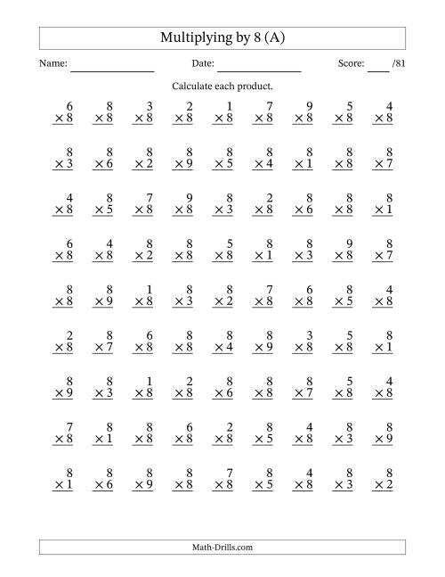 The Multiplying (1 to 9) by 8 (81 Questions) (All) Math Worksheet