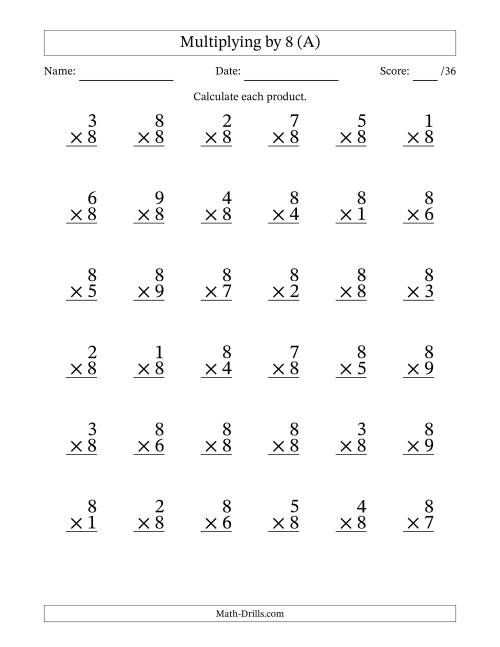 The Multiplying (1 to 9) by 8 (36 Questions) (A) Math Worksheet