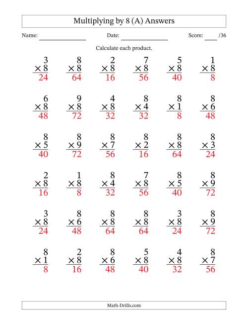 The Multiplying (1 to 9) by 8 (36 Questions) (A) Math Worksheet Page 2