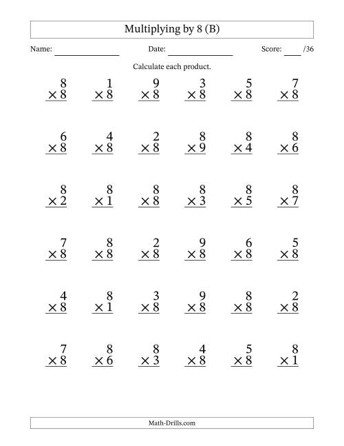 The Multiplying (1 to 9) by 8 (36 Questions) (B) Math Worksheet