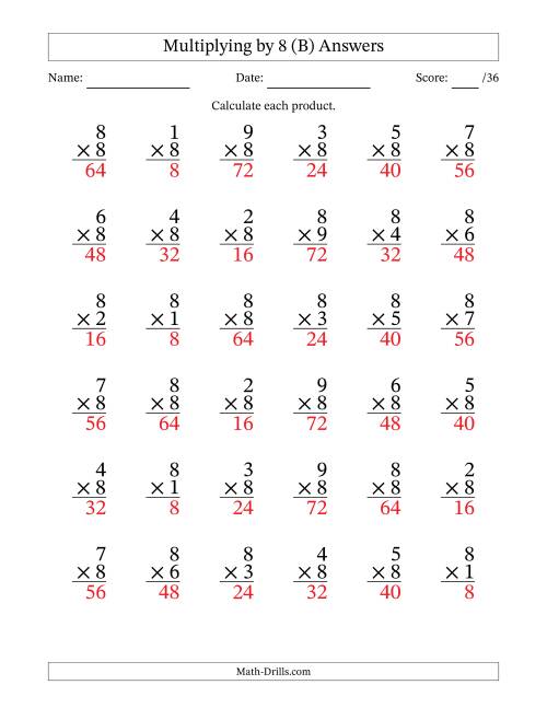 The Multiplying (1 to 9) by 8 (36 Questions) (B) Math Worksheet Page 2
