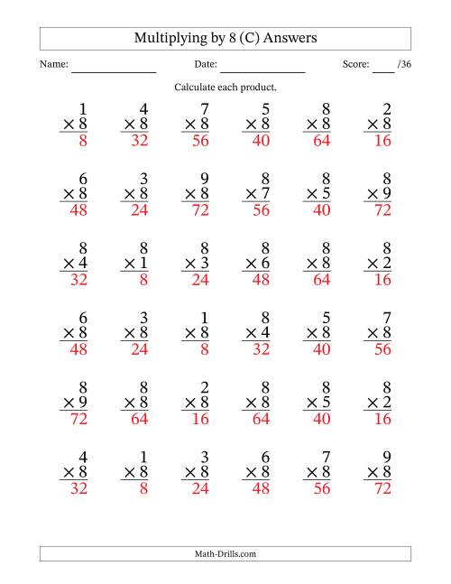 The Multiplying (1 to 9) by 8 (36 Questions) (C) Math Worksheet Page 2