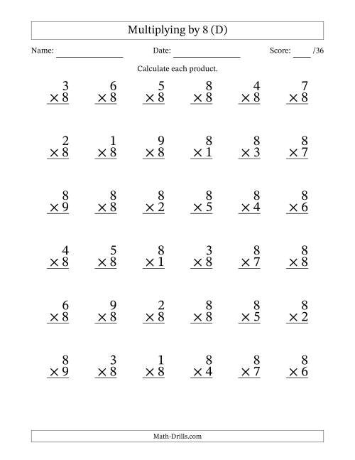 The Multiplying (1 to 9) by 8 (36 Questions) (D) Math Worksheet