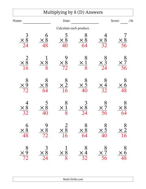 The Multiplying (1 to 9) by 8 (36 Questions) (D) Math Worksheet Page 2