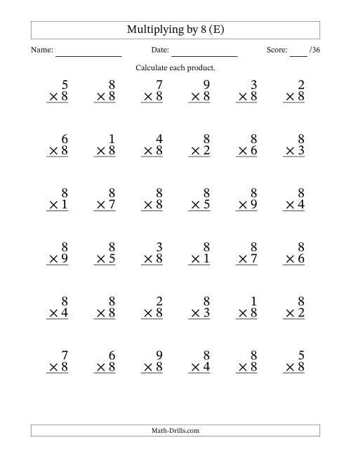 The Multiplying (1 to 9) by 8 (36 Questions) (E) Math Worksheet