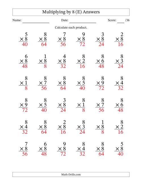 The Multiplying (1 to 9) by 8 (36 Questions) (E) Math Worksheet Page 2