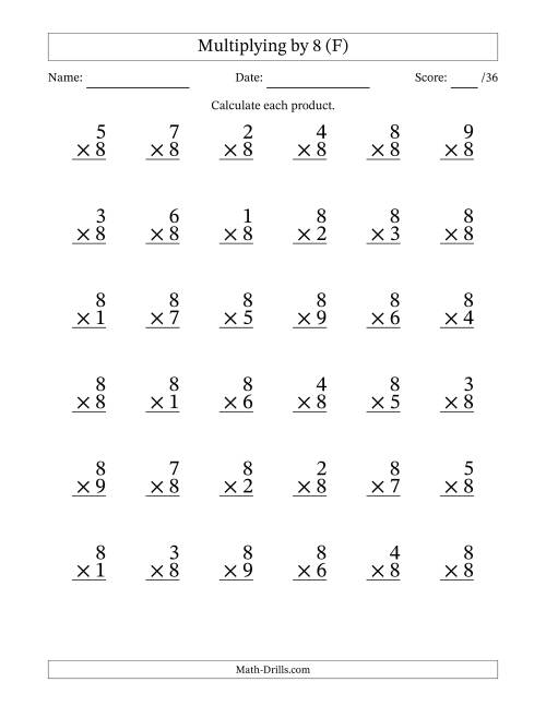 The Multiplying (1 to 9) by 8 (36 Questions) (F) Math Worksheet