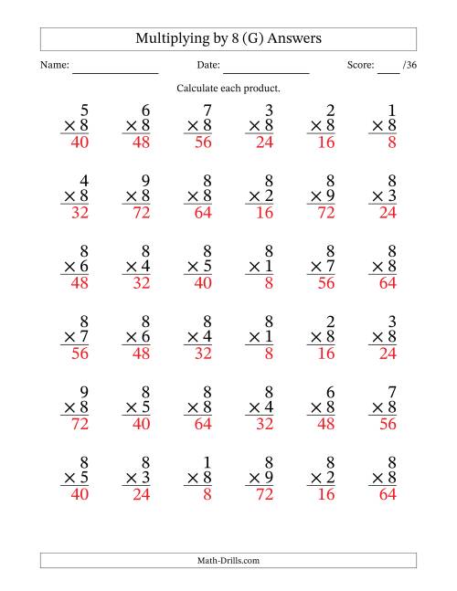 The Multiplying (1 to 9) by 8 (36 Questions) (G) Math Worksheet Page 2