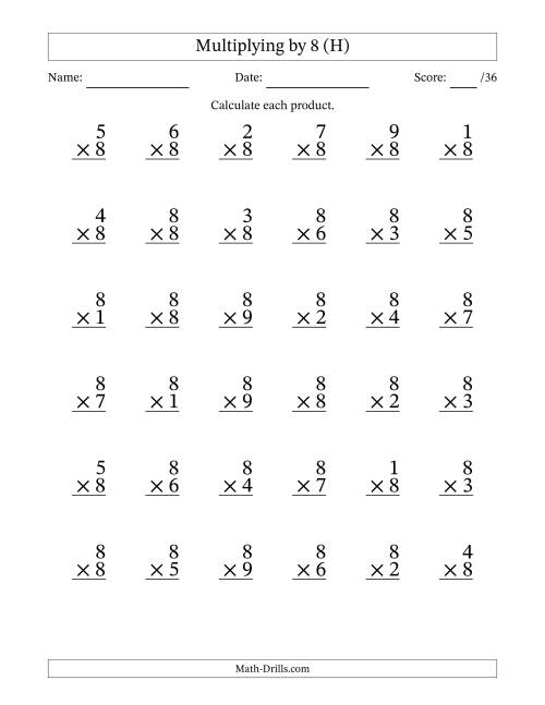 The Multiplying (1 to 9) by 8 (36 Questions) (H) Math Worksheet