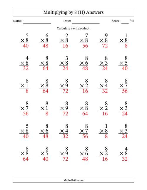 The Multiplying (1 to 9) by 8 (36 Questions) (H) Math Worksheet Page 2