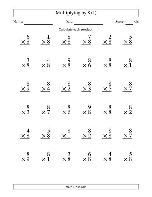 The Multiplying (1 to 9) by 8 (36 Questions) (I) Math Worksheet