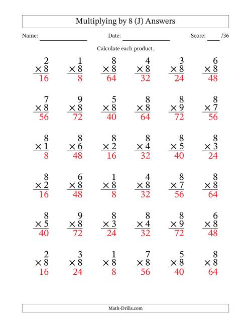 The Multiplying (1 to 9) by 8 (36 Questions) (J) Math Worksheet Page 2