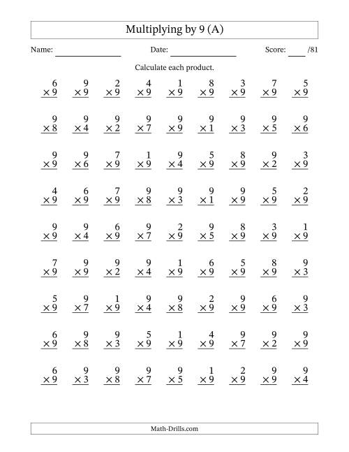The Multiplying (1 to 9) by 9 (81 Questions) (A) Math Worksheet