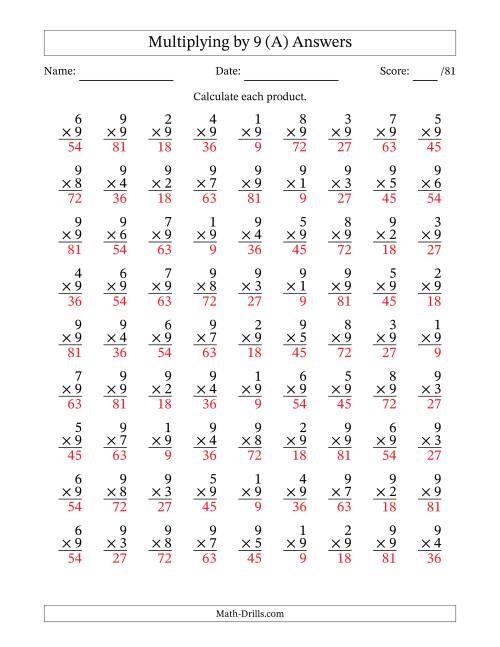 The Multiplying (1 to 9) by 9 (81 Questions) (A) Math Worksheet Page 2
