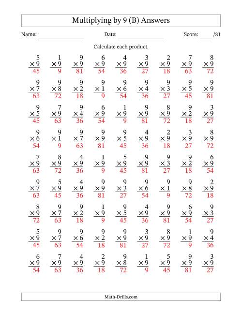 The Multiplying (1 to 9) by 9 (81 Questions) (B) Math Worksheet Page 2