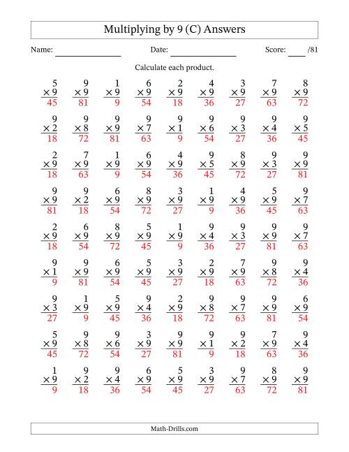 The Multiplying (1 to 9) by 9 (81 Questions) (C) Math Worksheet Page 2