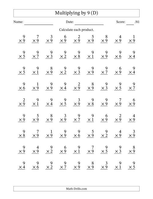 The Multiplying (1 to 9) by 9 (81 Questions) (D) Math Worksheet