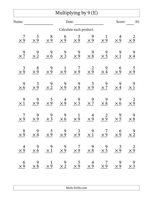 The Multiplying (1 to 9) by 9 (81 Questions) (E) Math Worksheet