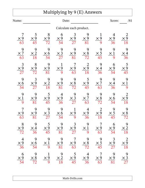 The Multiplying (1 to 9) by 9 (81 Questions) (E) Math Worksheet Page 2