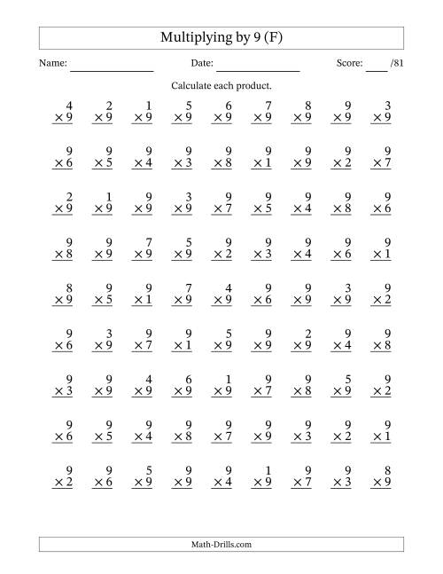 The Multiplying (1 to 9) by 9 (81 Questions) (F) Math Worksheet