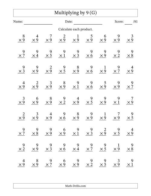 The Multiplying (1 to 9) by 9 (81 Questions) (G) Math Worksheet
