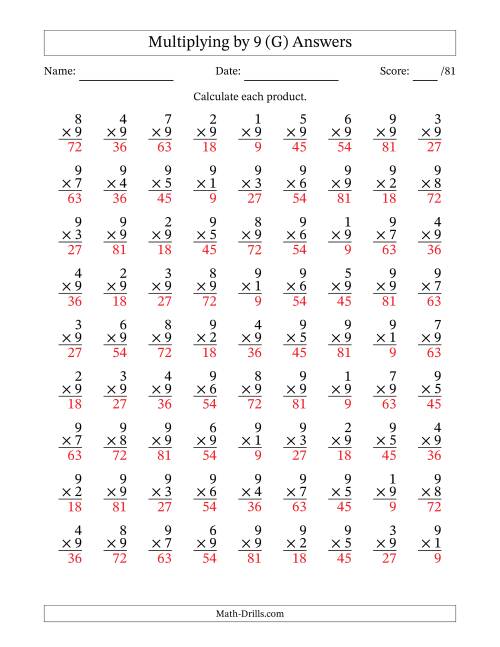 The Multiplying (1 to 9) by 9 (81 Questions) (G) Math Worksheet Page 2