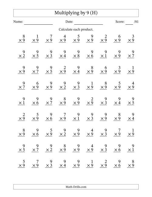 The Multiplying (1 to 9) by 9 (81 Questions) (H) Math Worksheet
