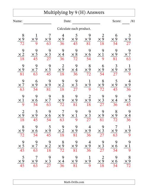 The Multiplying (1 to 9) by 9 (81 Questions) (H) Math Worksheet Page 2