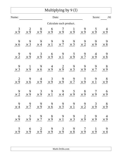 The Multiplying (1 to 9) by 9 (81 Questions) (I) Math Worksheet