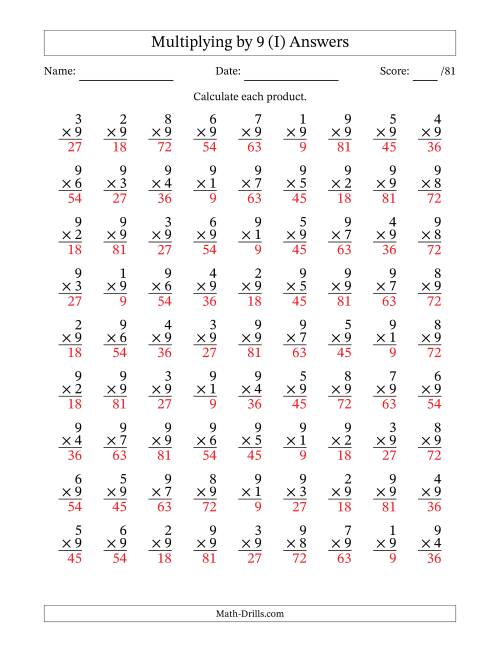The Multiplying (1 to 9) by 9 (81 Questions) (I) Math Worksheet Page 2