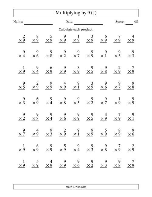 The Multiplying (1 to 9) by 9 (81 Questions) (J) Math Worksheet