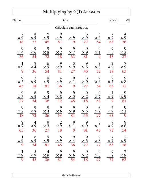 The Multiplying (1 to 9) by 9 (81 Questions) (J) Math Worksheet Page 2