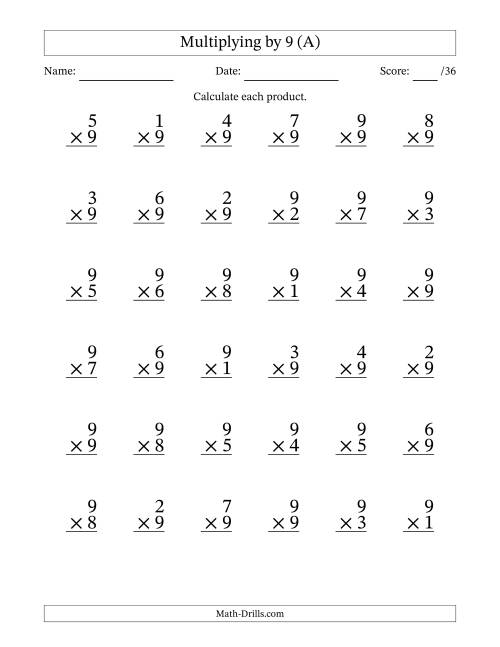 The Multiplying (1 to 9) by 9 (36 Questions) (A) Math Worksheet